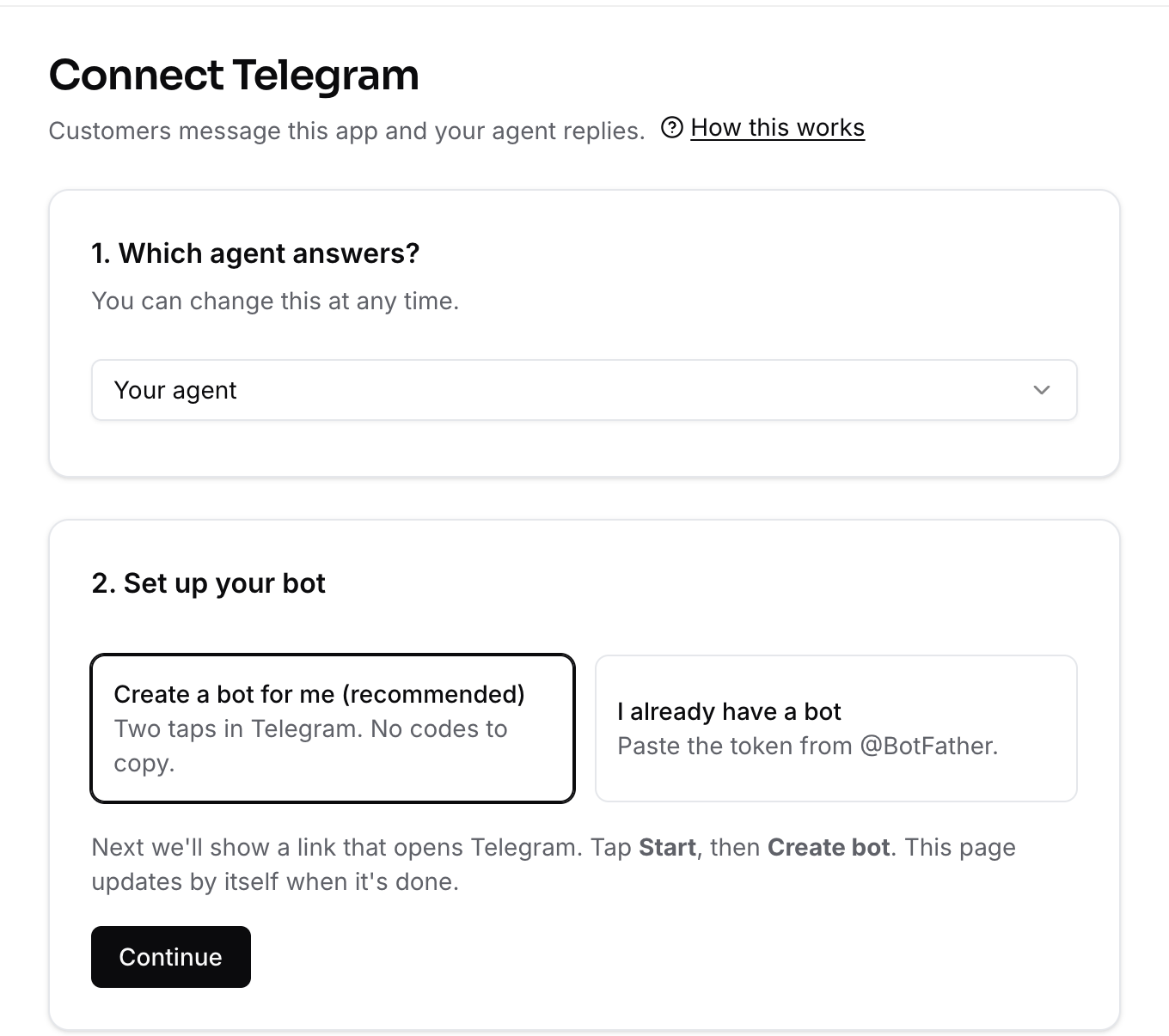 Connecting Telegram: pick the agent, then let us create the bot