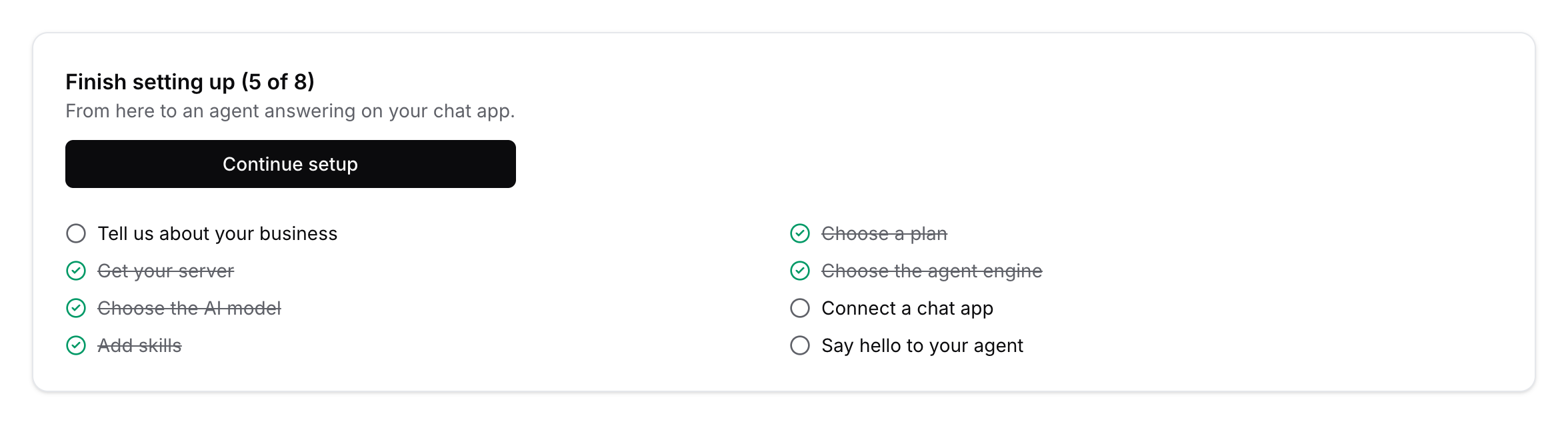 The dashboard’s setup checklist, most steps already done