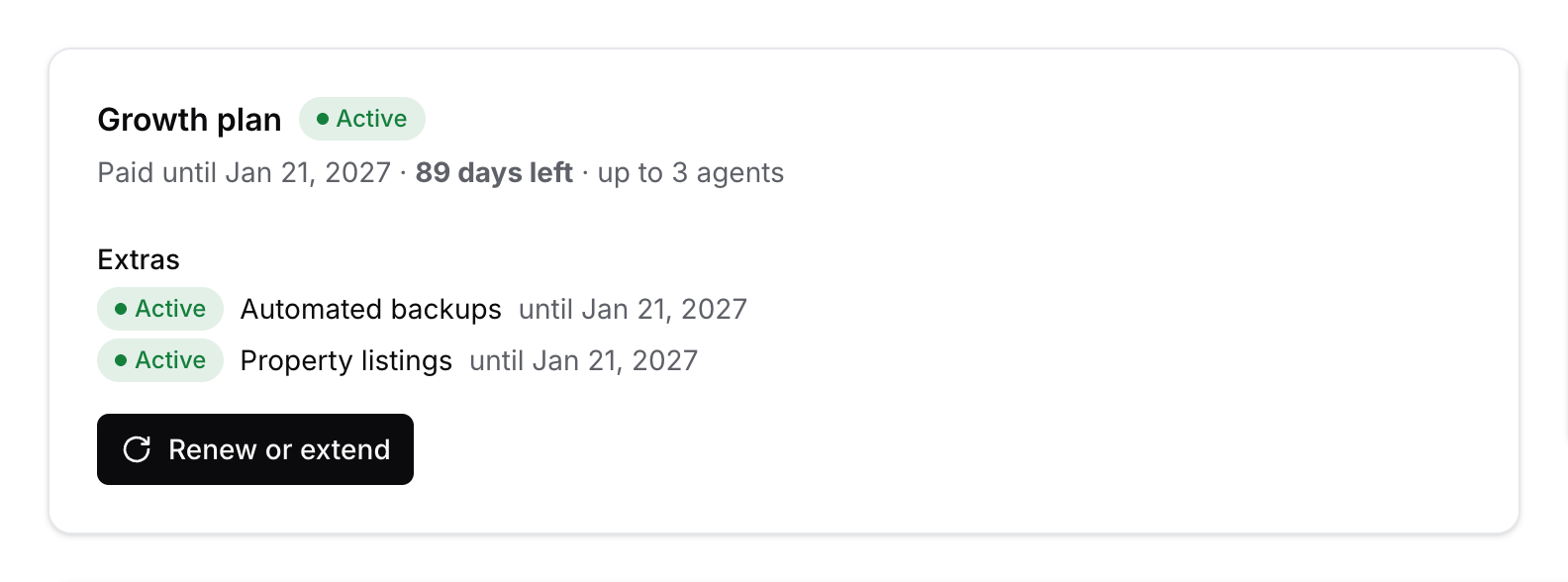 The billing page: your plan, paid until the end of its term